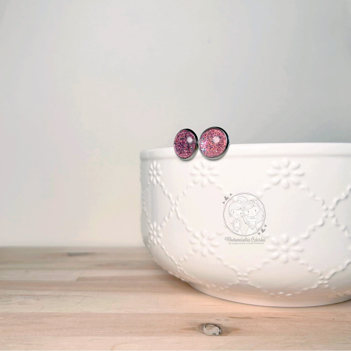Boucles d'oreilles Clous rose pailletées #3