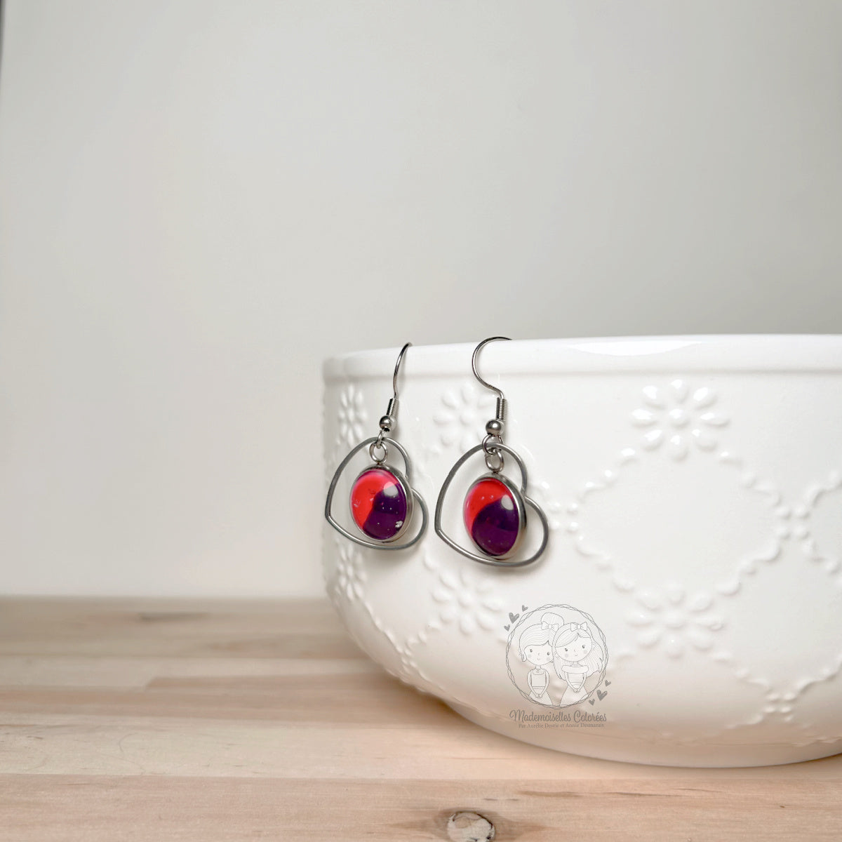 Boucles d'oreilles Pendantes géométriques rouge/mauve